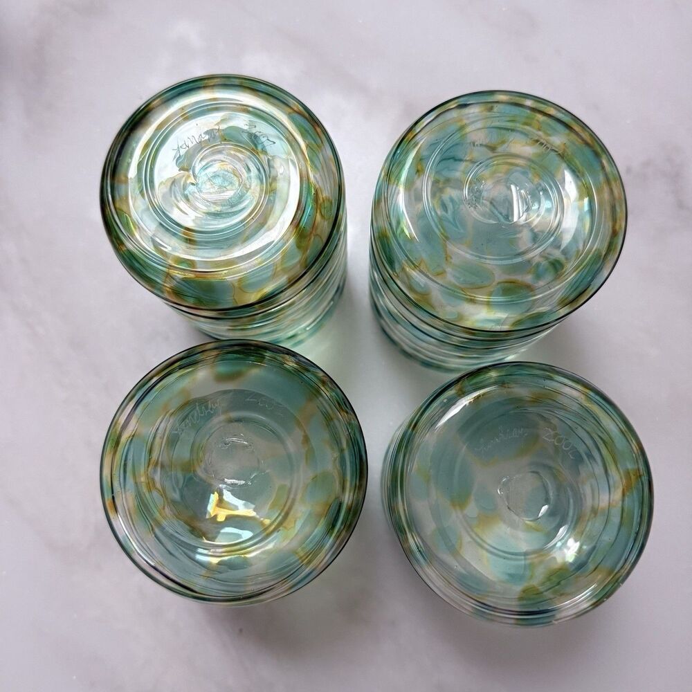 Set (4) VTG Signed David Lindsay 2002 Art Glass Tumblers Seafoam & Gold Torcello - Picture 3 of 12